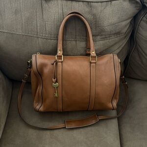 FOSSIL Kendall Large Brown Leather Satchel Bag with Key Charm